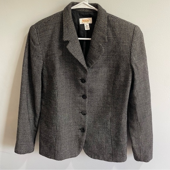 Talbots Petites 100% Wool Blazer Black White Checkered Print Women’s 12 Jacket - Picture 1 of 9